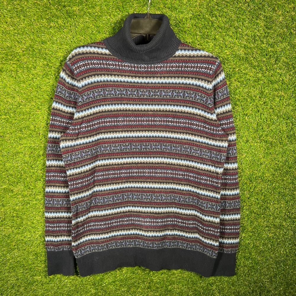 L.L. Bean‎ Mens Large Fair Isle Turtleneck Sweater Navy Blue Red Geometric Knit